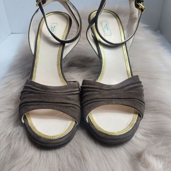 PRADA BROWN SUEDE OPEN-TOE ANKLE-STRAP HI-HEEL SLINGBACK SANDALS - Picture 2 of 8